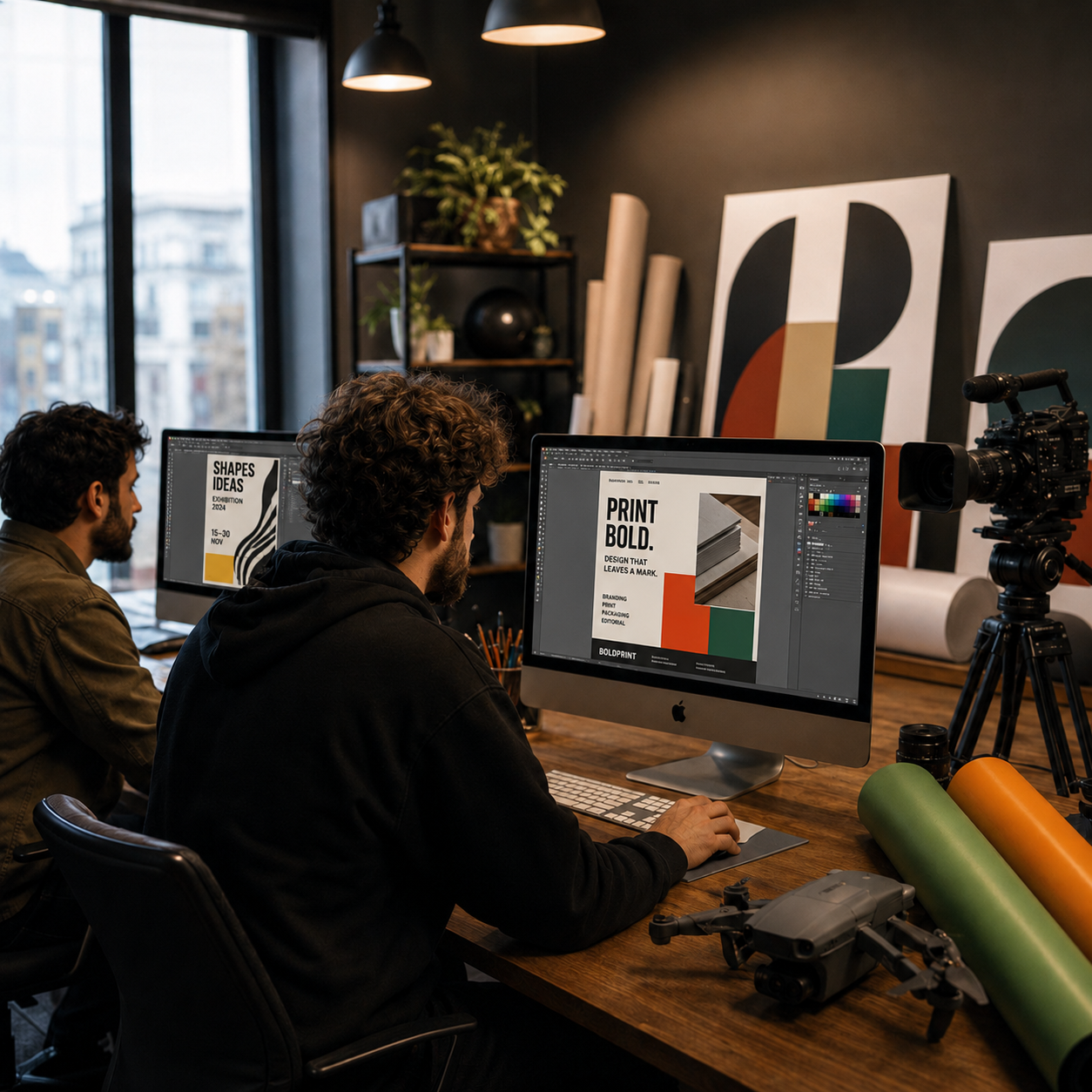 Il laboratorio Bestgraph a Roma: designer al lavoro su grafiche, stampa forex, video e riprese drone